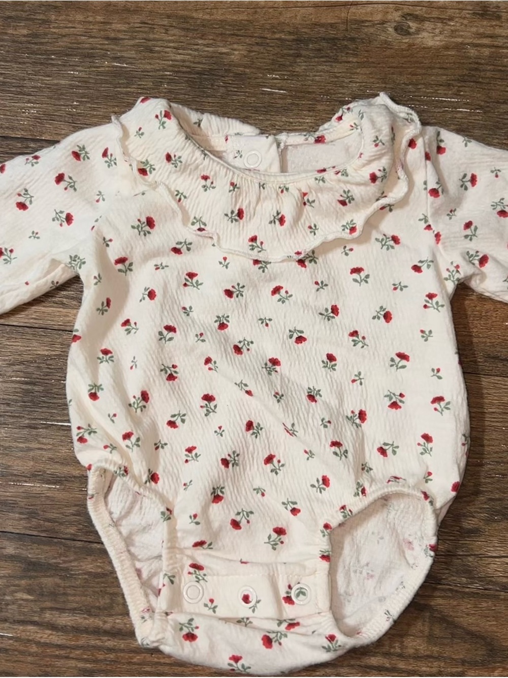 H&M Cream Ruffle Neck Floral Baby One-Piece with Red Flowers